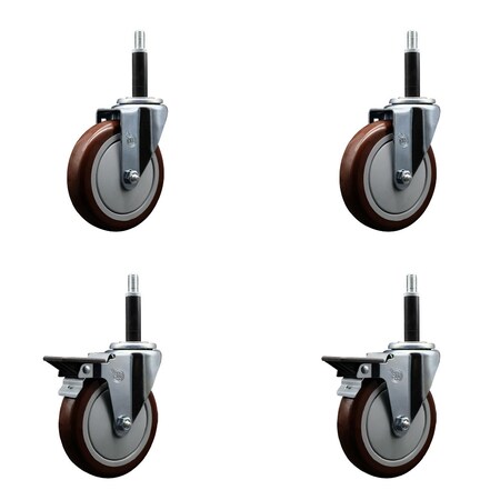Service Caster 5'' Maroon Poly Wheel Swivel 3/4'' Expanding Stem Caster Set 2 Brakes, 4PK SCC-EX20S514-PPUB-MRN-2-PLB-2-34